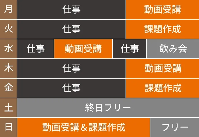 月:仕事/動画受講
火:仕事/課題作成
水:仕事/動画受講/仕事/飲み会
木:仕事/動画受講
金:仕事/課題作成
土:終日フリー
日:動画受講&課題作成/フリー